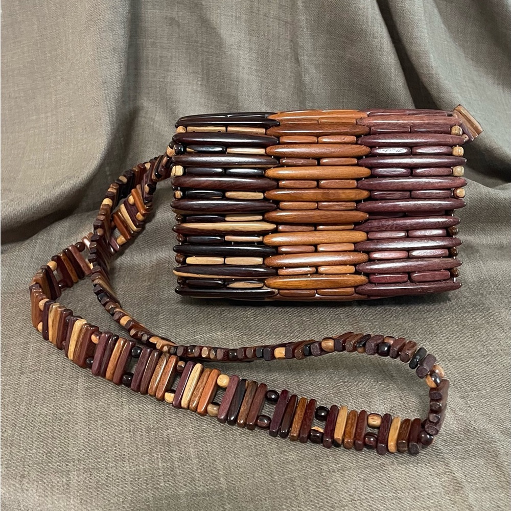 Artesian created wooden sling purse boho hippie 1970s